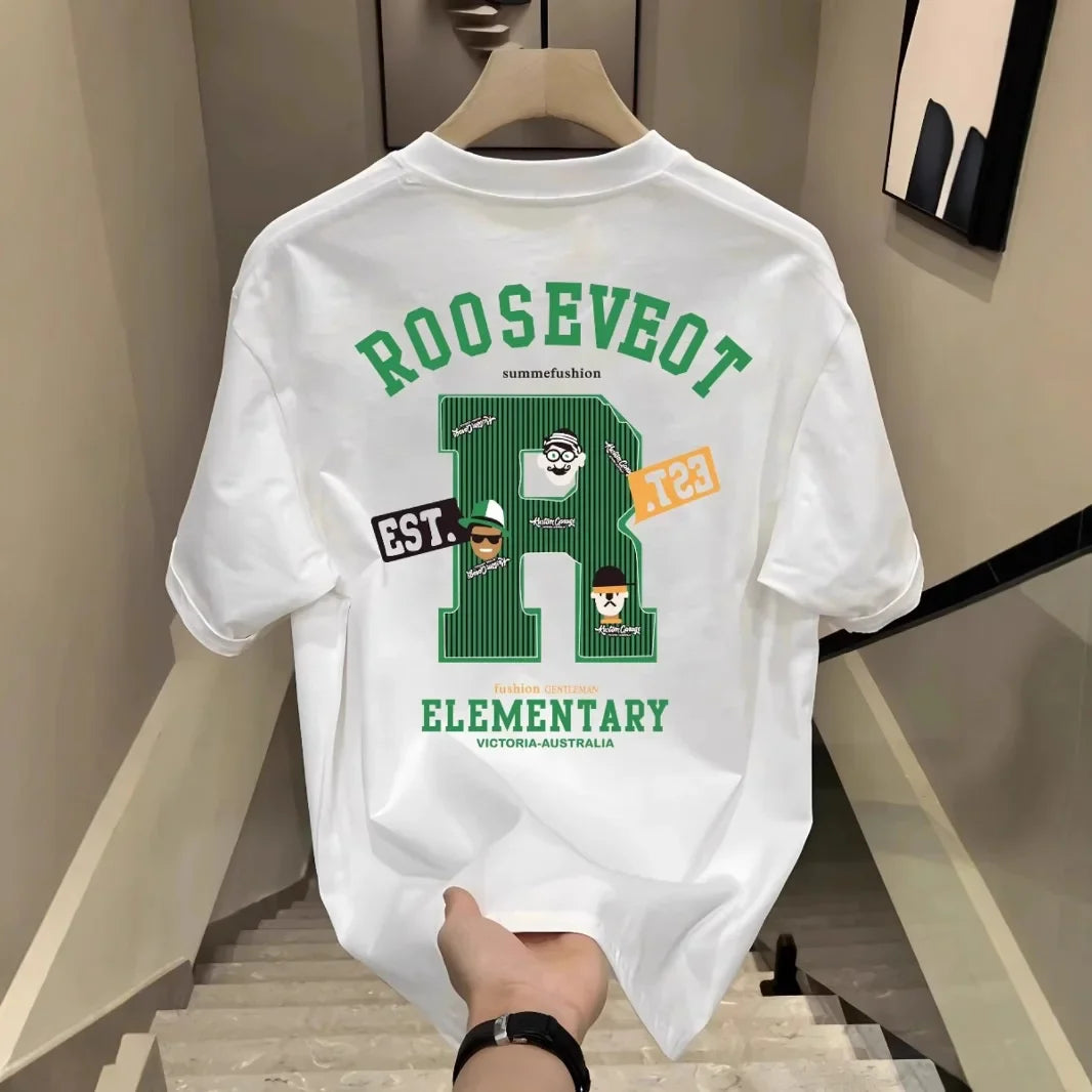 Cotton New Fashionable Men's Letter R Printed Casual Short-sleeved Top Heavy Cotton Round Neck Slim Fit T-shirt