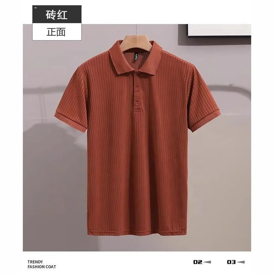 High Quality Men's Short Sleeve Polo Shirts Quick Dry Stripe Prints with Button Decoration Quality Polyester Fabric for Men