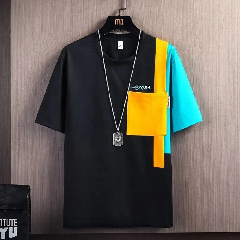 Summer Men's Design Sense Short-sleeved T-shirt Stitching Hong Kong Style Contrast Color Half-sleeved Top Casual Men's Clothes
