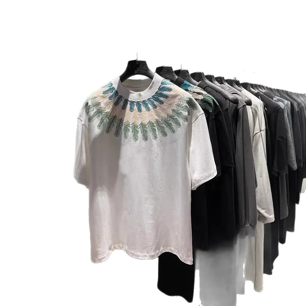 Summer Men's Retro Embroidered T-Shirt Short Sleeved Loose Casual Heavyweight High Street Style American T-shirt