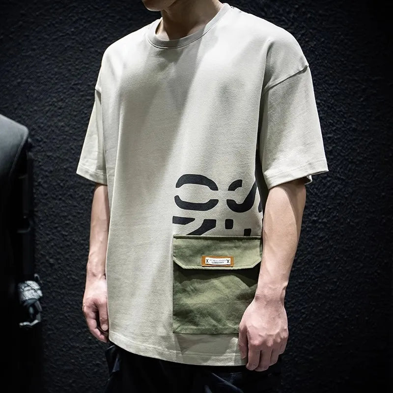 Men's Heavyweight Cotton Short Sleeve T-Shirt Summer Pocket Detail Loose & Plus Size Casual Crew Neck Tee