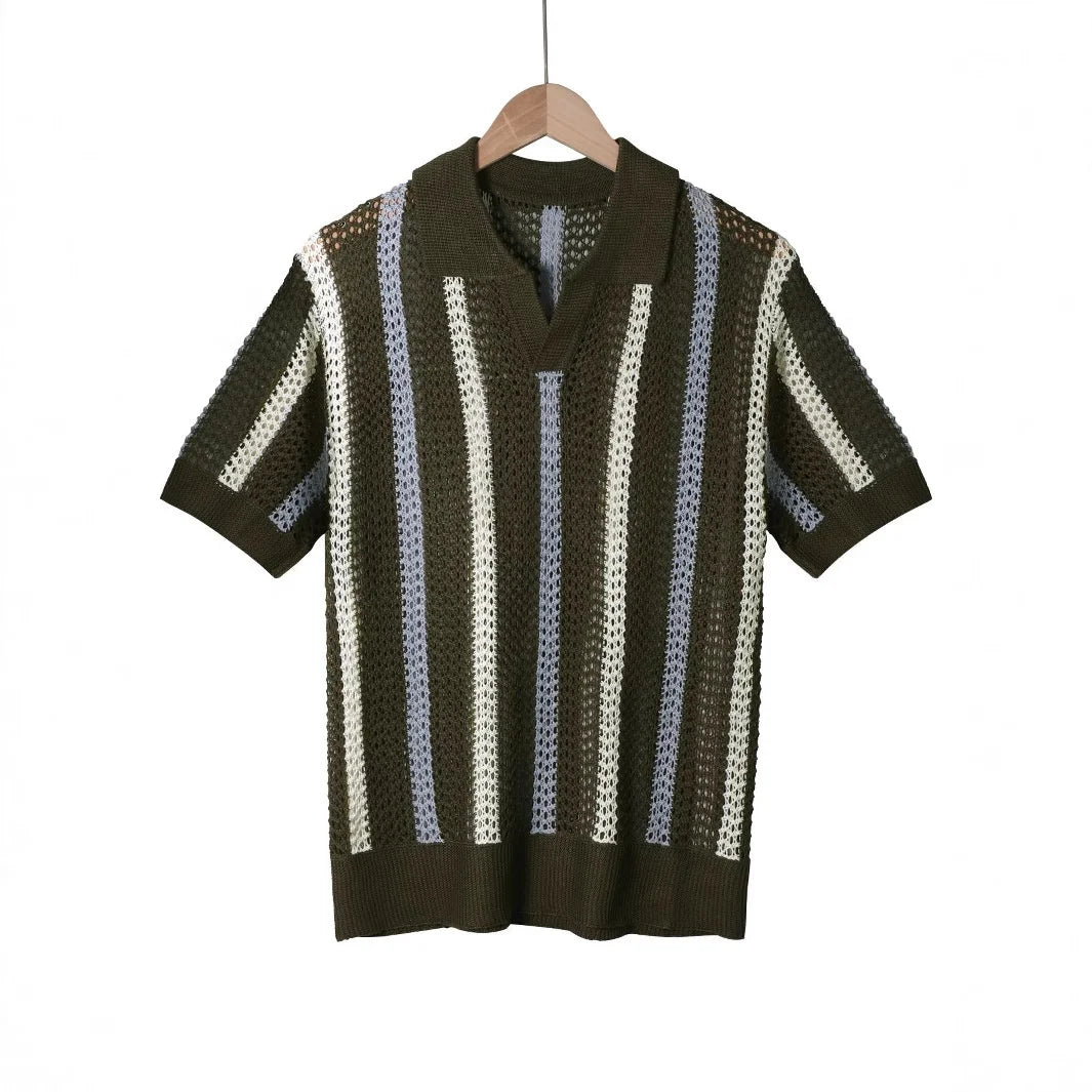 Men's Summer Short-Sleeve Minimalist Designer Geometric Color-Block Striped Crew Neck Knit Top