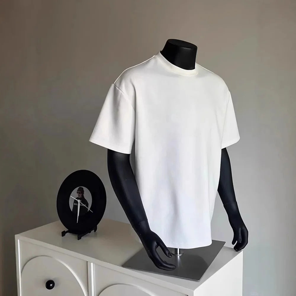 Luxury Men's Oversized Heavyweight T-Shirt Thick Mock Neck Boxy Drop Shoulder Loose T-Shirt