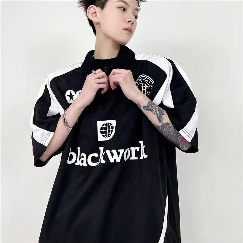 High Street Patchwork Short-sleeved Polo Shirt for Men in Summer New Loose American-style Retro Color-block Print Collar Top