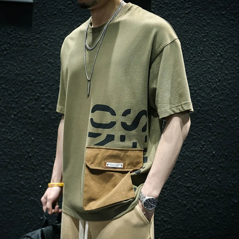 Men's Heavyweight Cotton Short Sleeve T-Shirt Summer Pocket Detail Loose & Plus Size Casual Crew Neck Tee