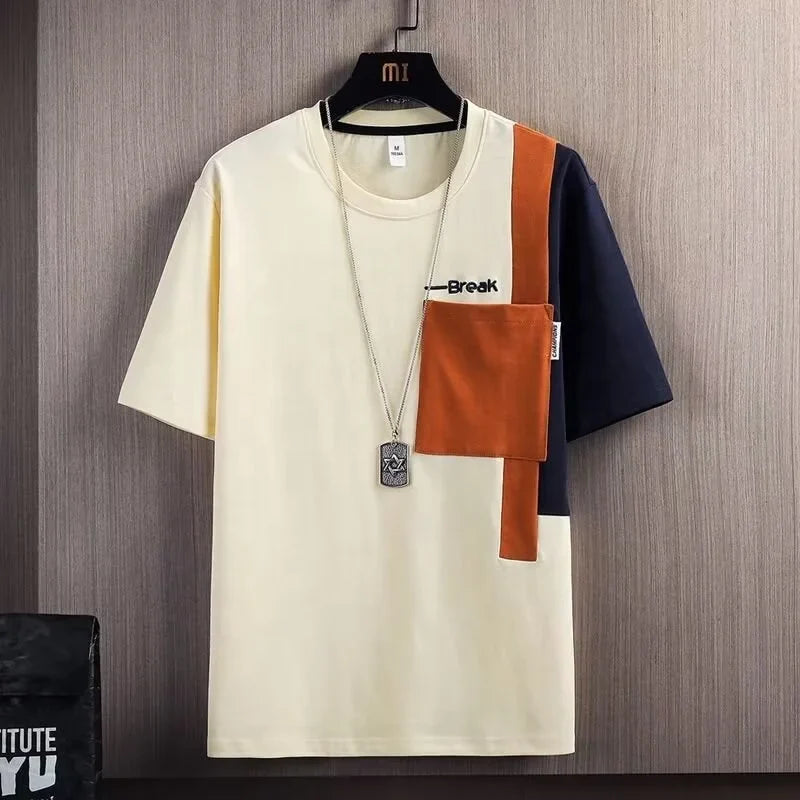Summer Men's Design Sense Short-sleeved T-shirt Stitching Hong Kong Style Contrast Color Half-sleeved Top Casual Men's Clothes