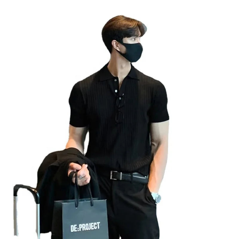 Men's New Trendy Korean-Style Knitted Short-Sleeve T-Shirt - Collared Polo Shirt with Textured Details Casual Summer T-Shirt