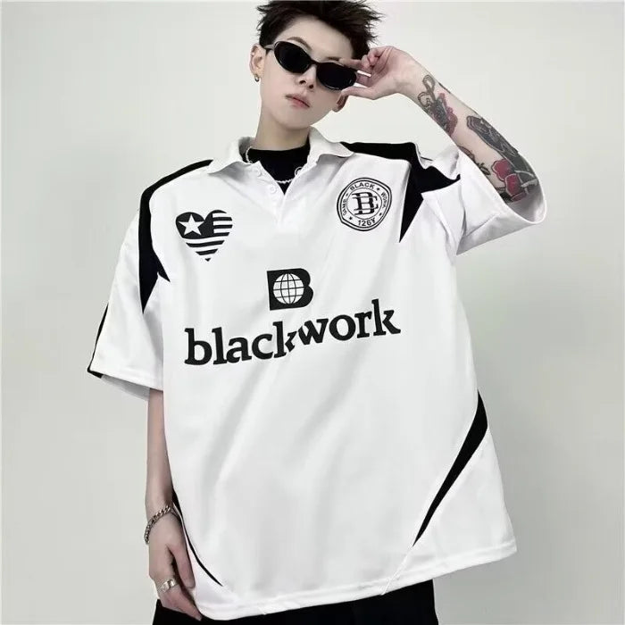 High Street Patchwork Short-sleeved Polo Shirt for Men in Summer New Loose American-style Retro Color-block Print Collar Top