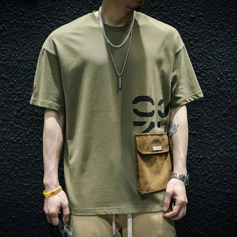 Men's Heavyweight Cotton Short Sleeve T-Shirt Summer Pocket Detail Loose & Plus Size Casual Crew Neck Tee