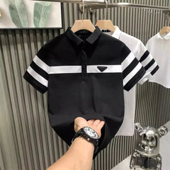 Black & White Striped Collar Polo Shirt - Luxury Men's Short Sleeve Trendy Brand Fashion Versatile Top