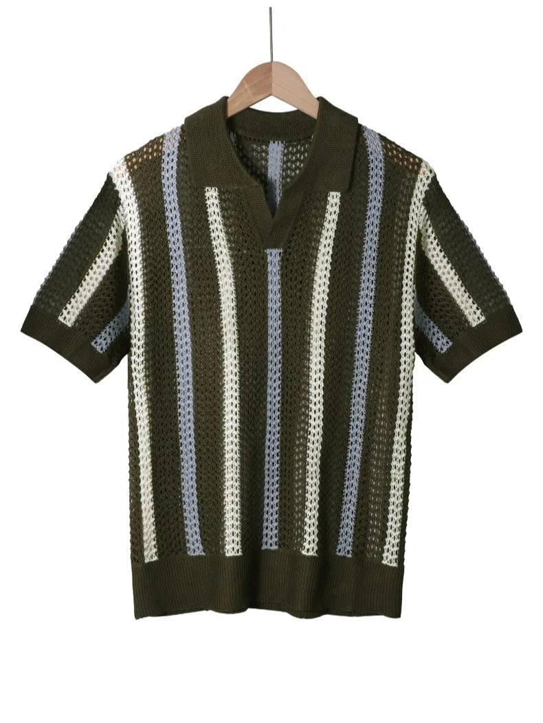 Men's Summer Short-Sleeve Minimalist Designer Geometric Color-Block Striped Crew Neck Knit Top