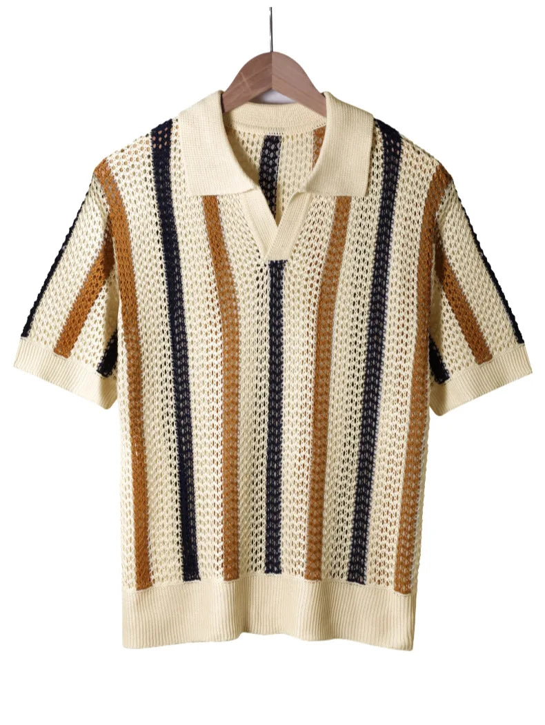 Men's Summer Short-Sleeve Minimalist Designer Geometric Color-Block Striped Crew Neck Knit Top