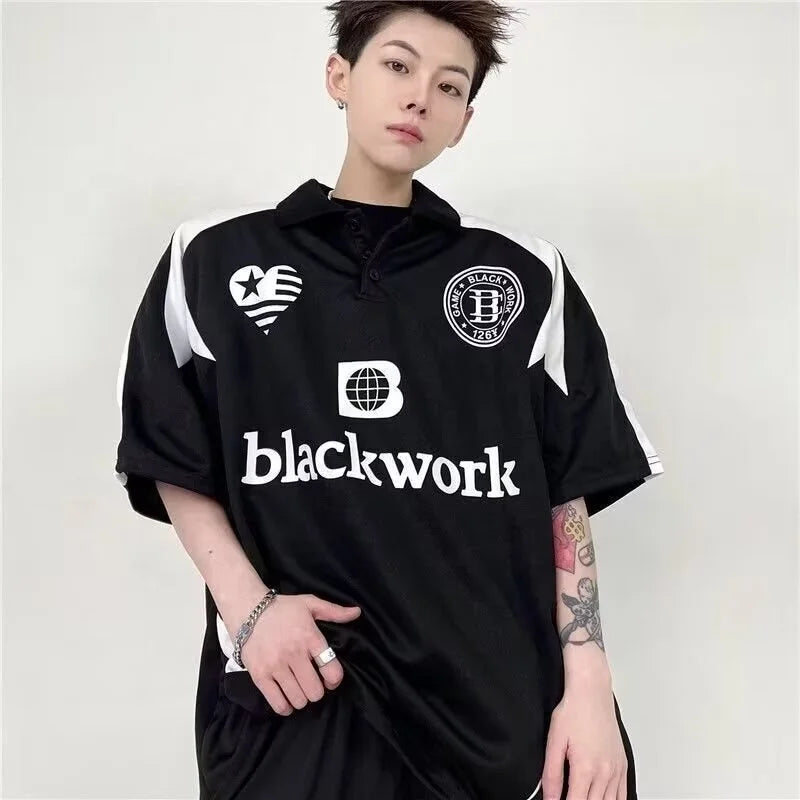 High Street Patchwork Short-sleeved Polo Shirt for Men in Summer New Loose American-style Retro Color-block Print Collar Top
