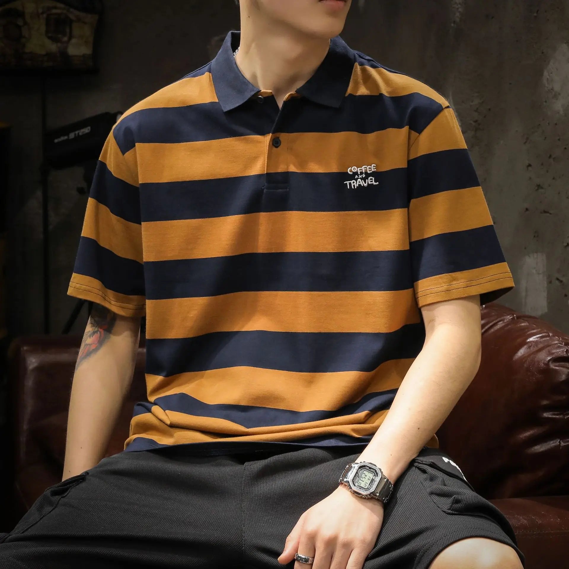 New American-style Black & White Striped Polo Shirt - Men's Relaxed Fit Short Sleeve Lapel Summer Top