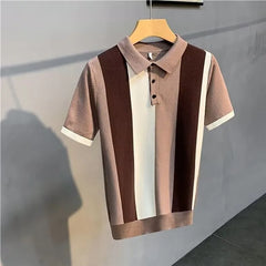 Summer New Ice Silk Stripe Lapel Short-sleeved Sweater Men's Fashion Youth Trendy All-match Casual Trendy Top