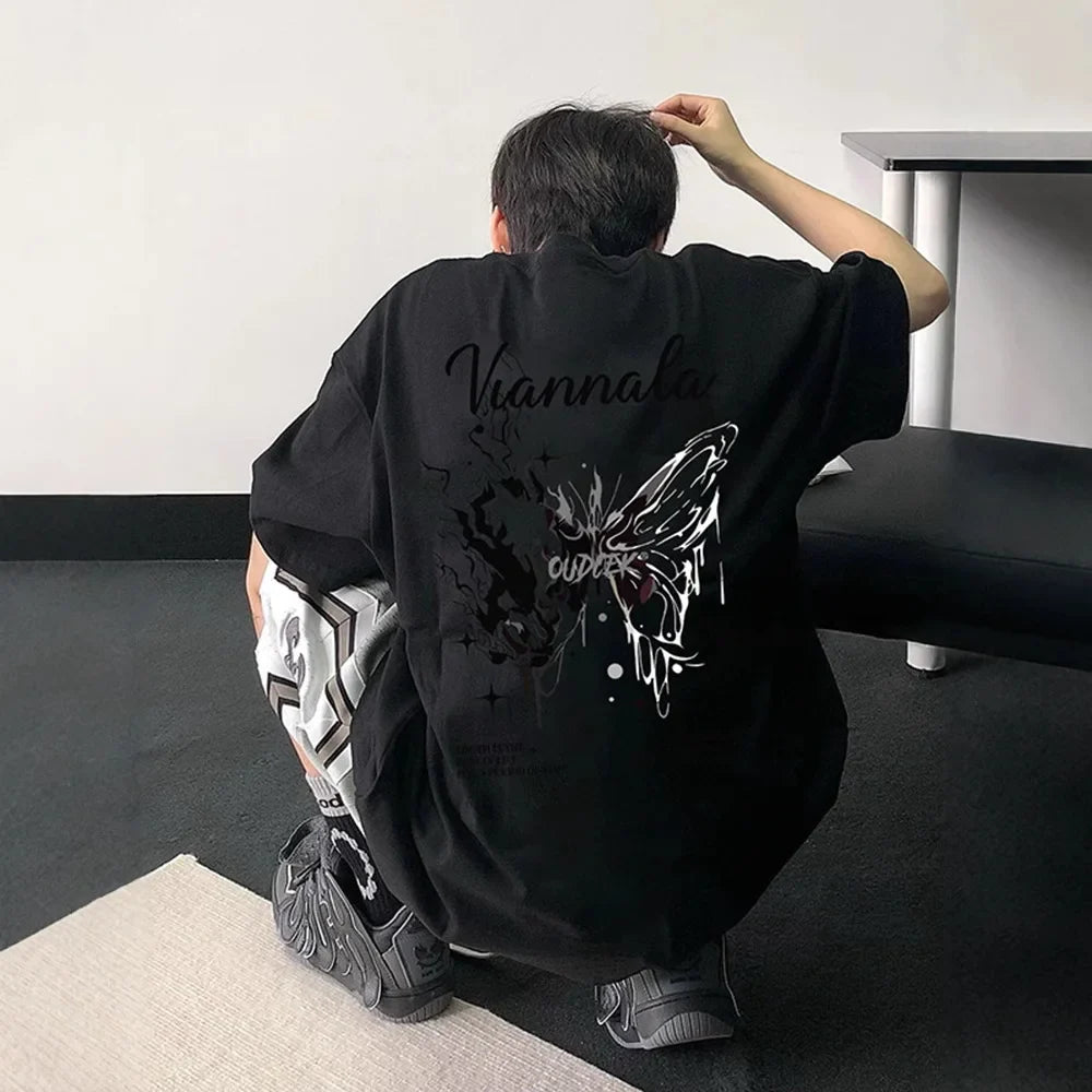 Cotton New Trendy Brand Men's Butterfly Graphic Tees Summer Cotton Cropped Sleeve High Street Edgy Unique