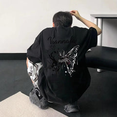 Cotton New Trendy Brand Men's Butterfly Graphic Tees Summer Cotton Cropped Sleeve High Street Edgy Unique