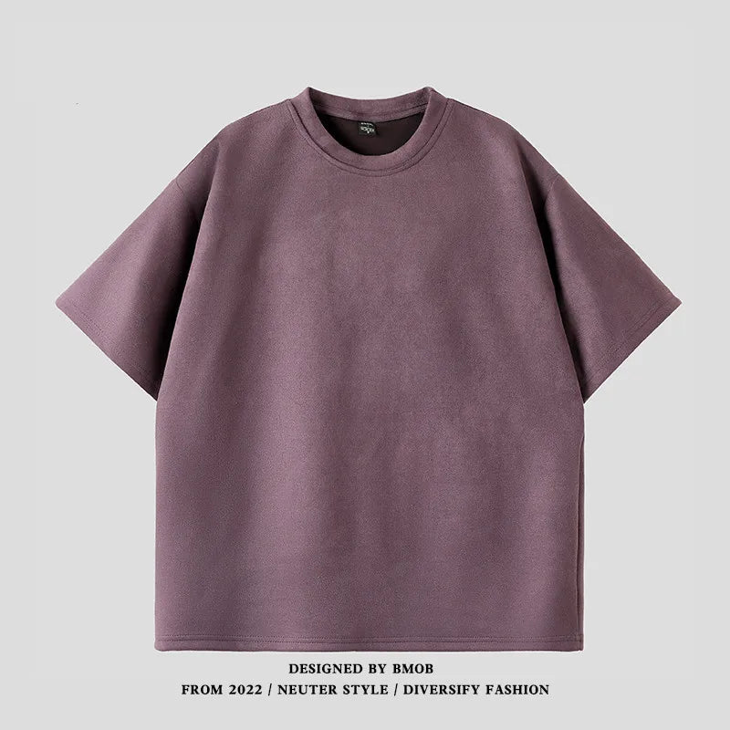 Suede Heavy Short Sleeve Men's Summer New Arrival American Style Retro Large Size Men's T-Shirt Suede Loose T-Shirt