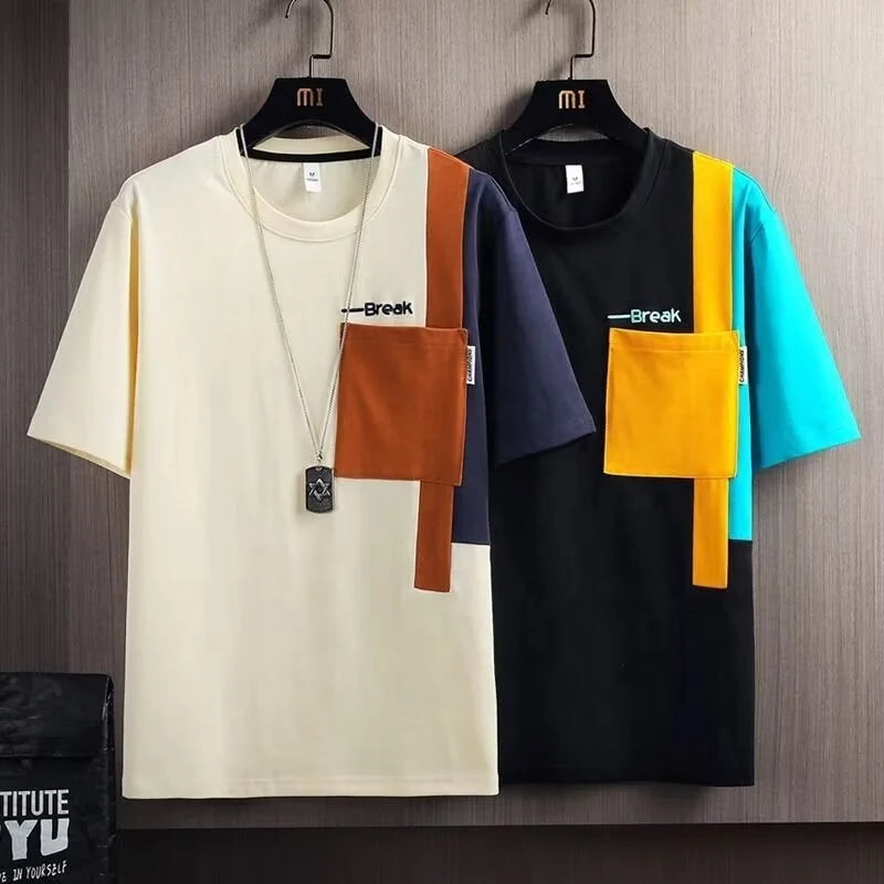 Summer Men's Design Sense Short-sleeved T-shirt Stitching Hong Kong Style Contrast Color Half-sleeved Top Casual Men's Clothes