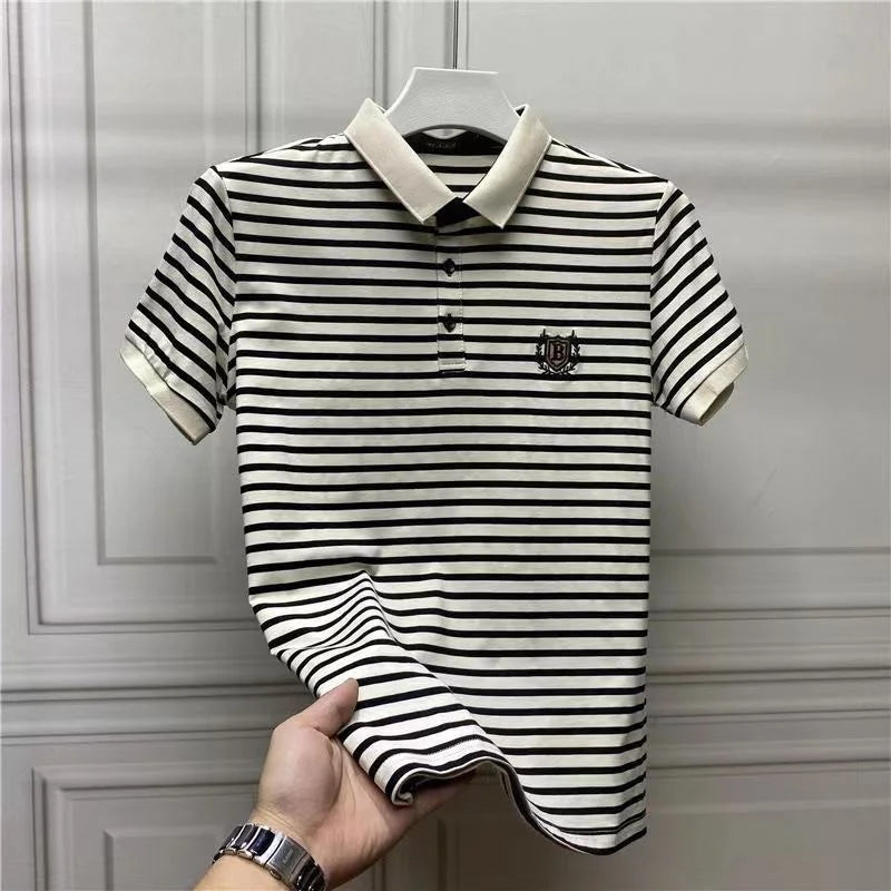 Summer Men's Striped Embroidered Polo Shirt European American Trendy Lapel Short Sleeve Top Plus Size T-shirt