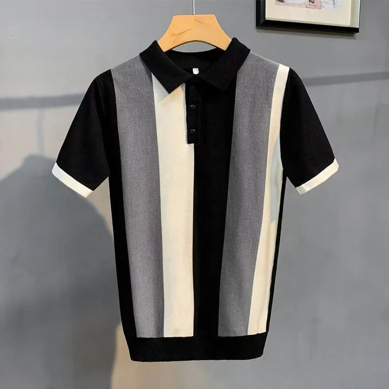 Summer New Ice Silk Stripe Lapel Short-sleeved Sweater Men's Fashion Youth Trendy All-match Casual Trendy Top