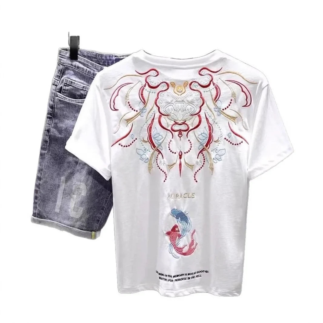 Summer New National Fashion Ethnic Style Embroidered Short-sleeved T-shirt Men's Casual Round Neck All-match Base T-shirt