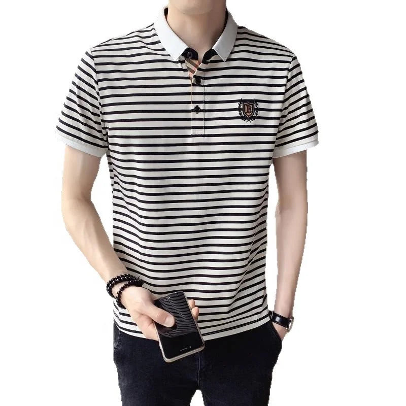 Summer Men's Striped Embroidered Polo Shirt European American Trendy Lapel Short Sleeve Top Plus Size T-shirt