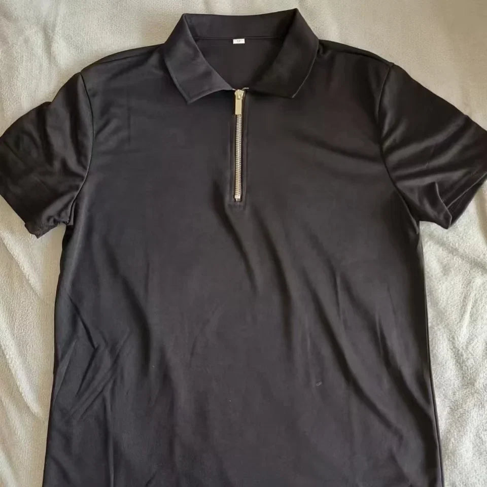 Men's Fashion Solid Color Short Sleeve Zipper Slim Fit Casual T-shirt