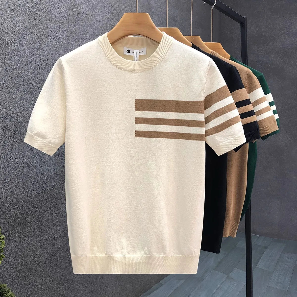 Men's New Summer Short-Sleeve Striped Minimalist Business Smart-Casual Slim-Fit Ice Silk T-Shirt