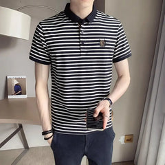 Summer Men's Striped Embroidered Polo Shirt European American Trendy Lapel Short Sleeve Top Plus Size T-shirt