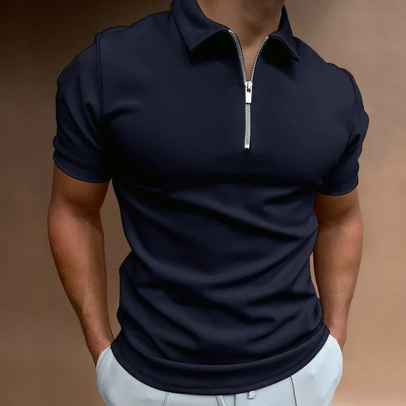 Men's Fashion Solid Color Short Sleeve Zipper Slim Fit Casual T-shirt