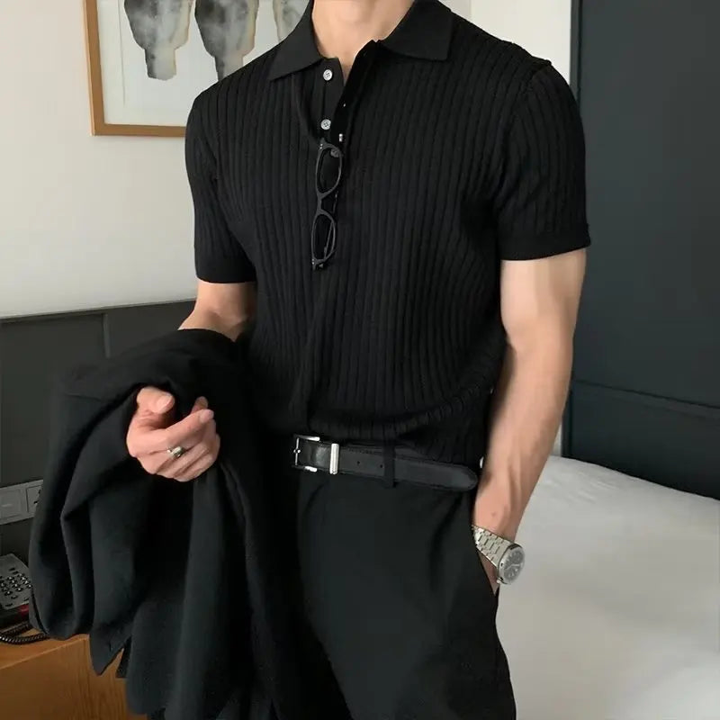 Men's New Trendy Korean-Style Knitted Short-Sleeve T-Shirt - Collared Polo Shirt with Textured Details Casual Summer T-Shirt