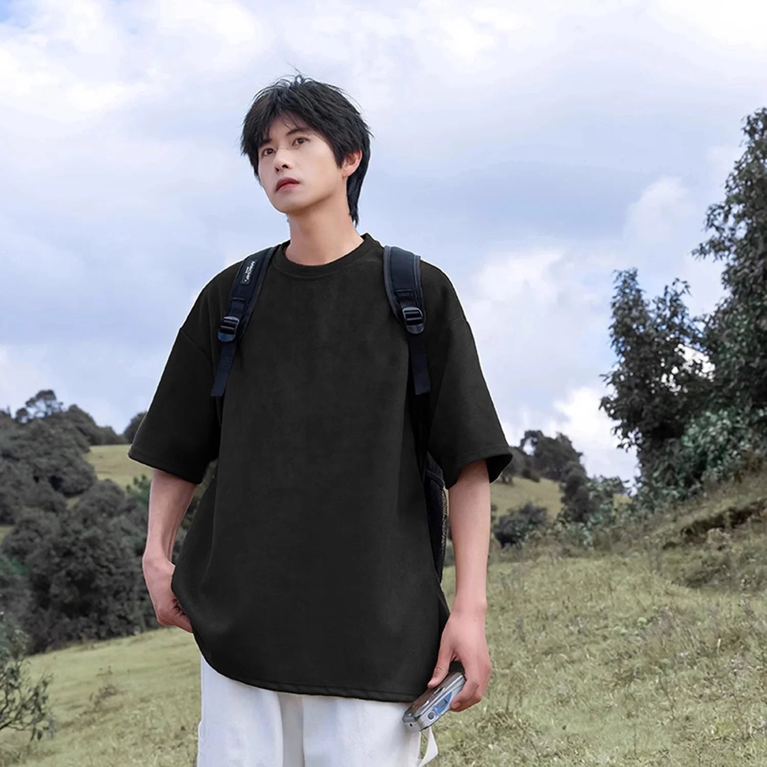 Suede Heavy Short Sleeve Men's Summer New Arrival American Style Retro Large Size Men's T-Shirt Suede Loose T-Shirt