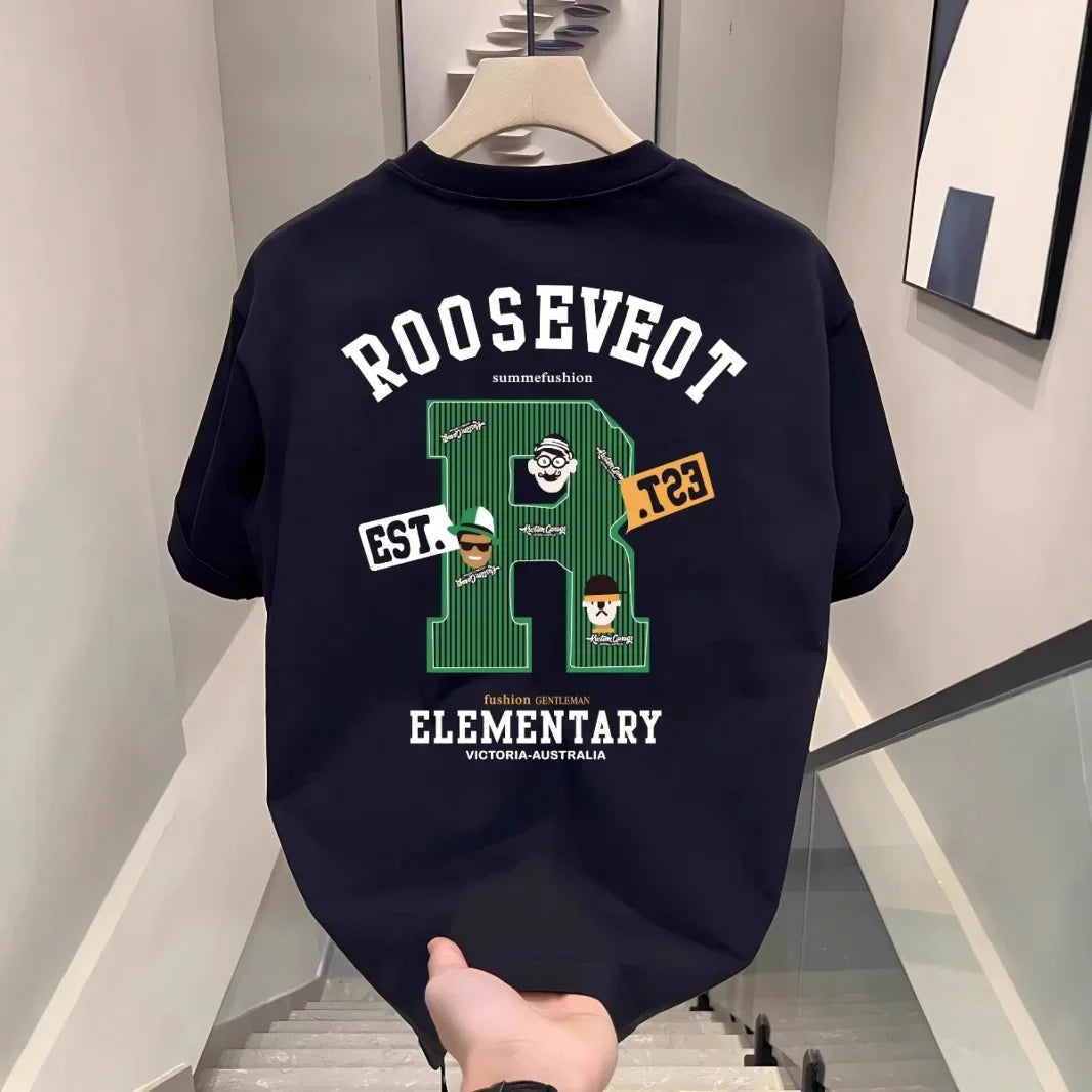 Cotton New Fashionable Men's Letter R Printed Casual Short-sleeved Top Heavy Cotton Round Neck Slim Fit T-shirt
