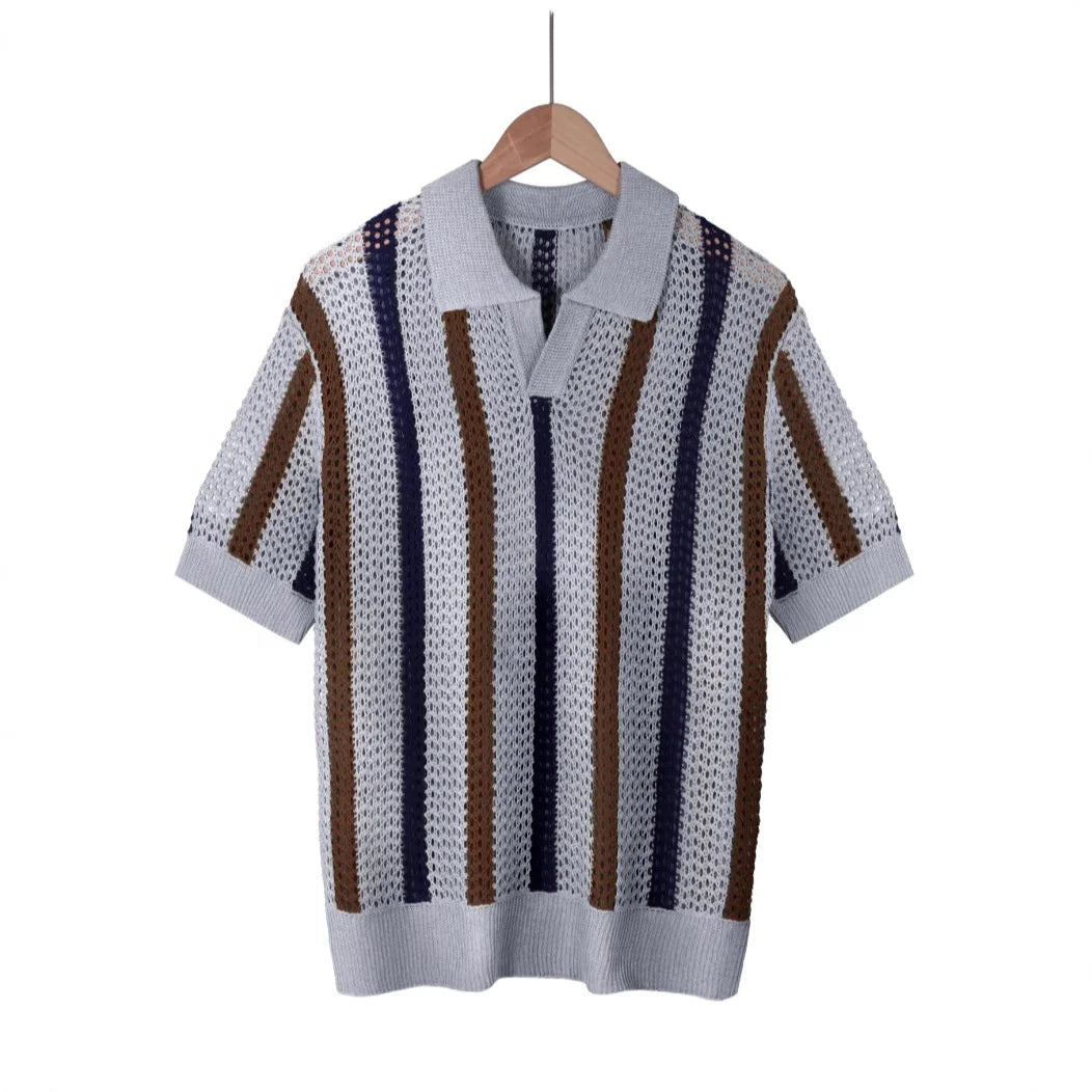 Men's Summer Short-Sleeve Minimalist Designer Geometric Color-Block Striped Crew Neck Knit Top