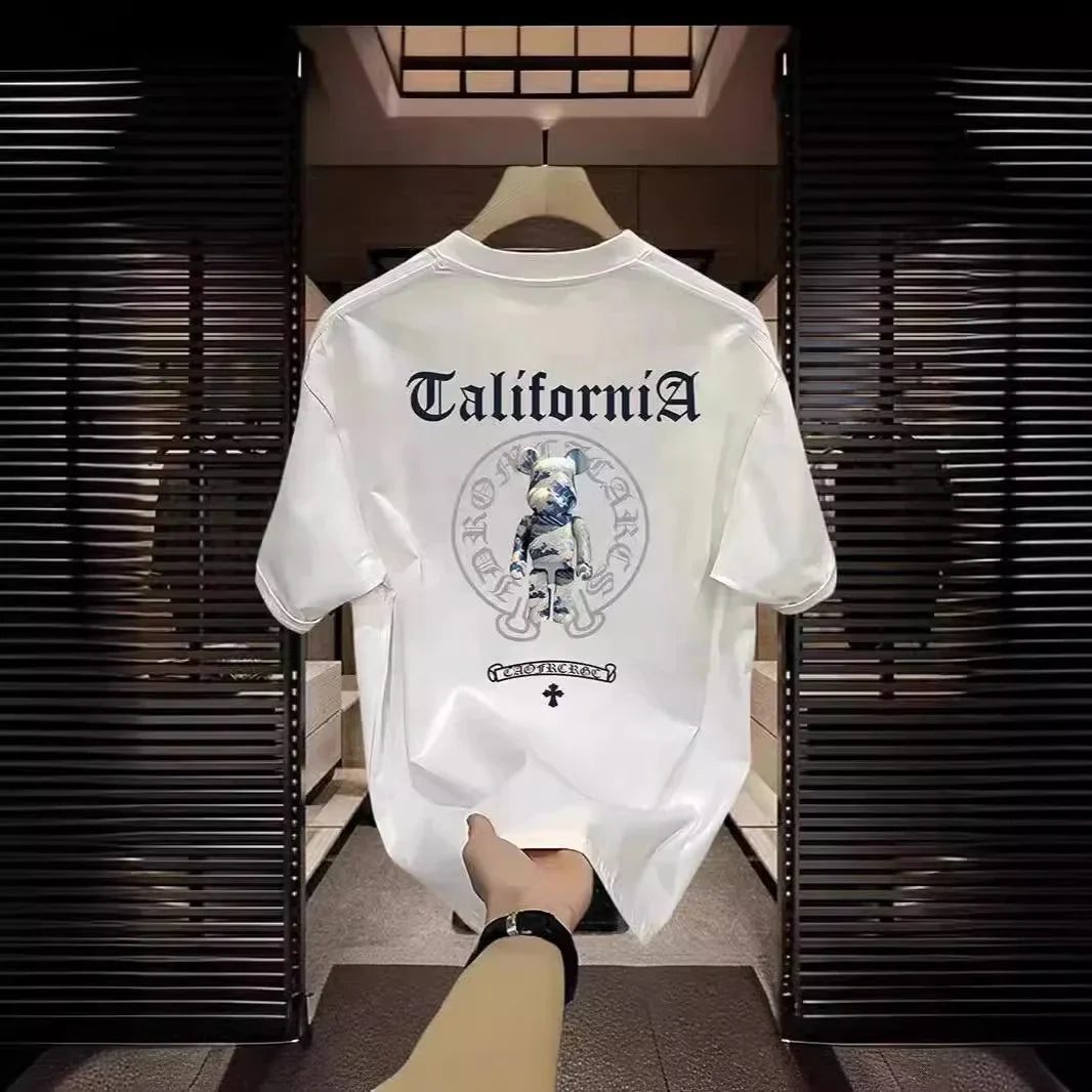 Cotton Men's Heavy Cotton T-shirt New Casual Fashion Loose Bear Printed Half Sleeve Top