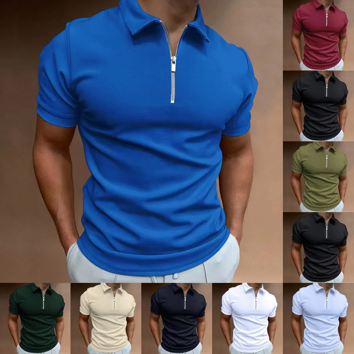 Men's Fashion Solid Color Short Sleeve Zipper Slim Fit Casual T-shirt