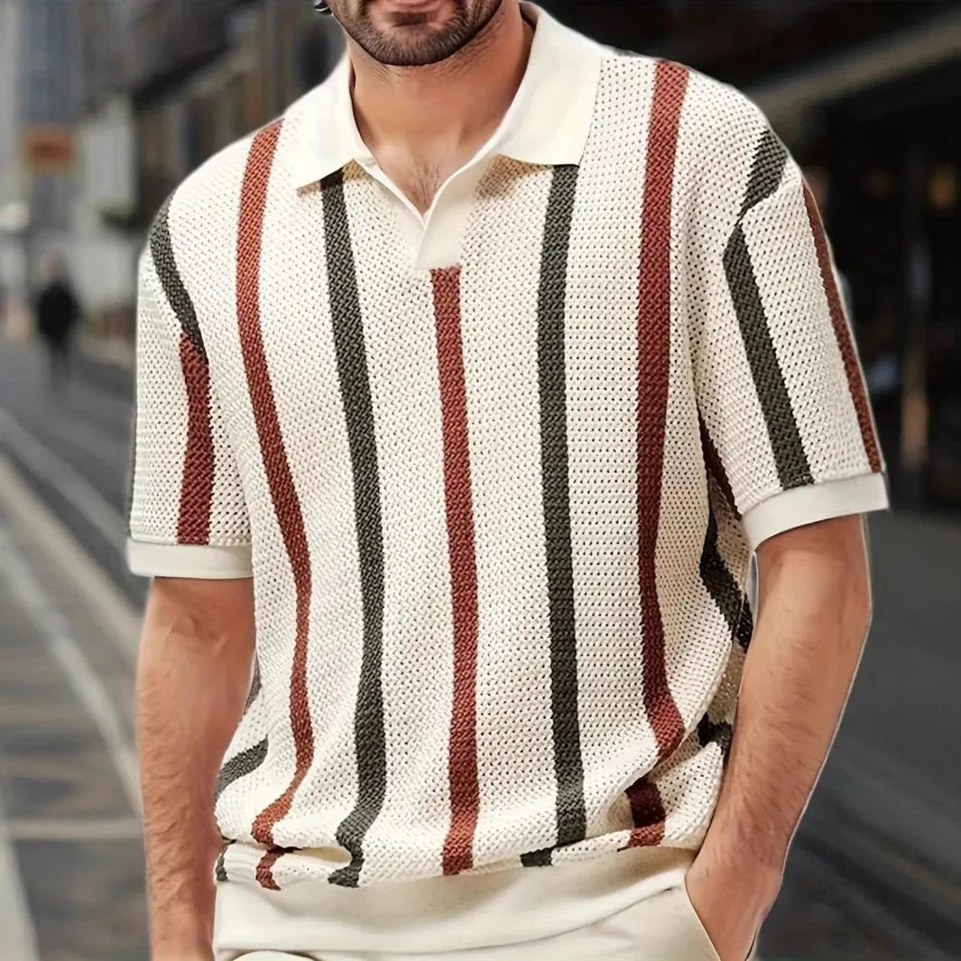 Men's Summer Short-Sleeve Minimalist Designer Geometric Color-Block Striped Crew Neck Knit Top