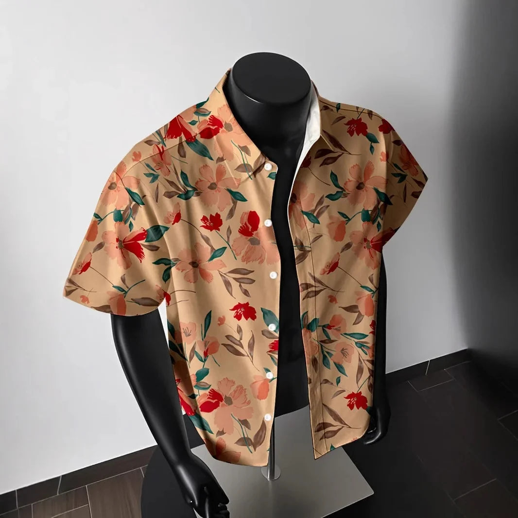 Men's Hawaiian Floral Short-Sleeve Shirt - Summer American Retro Ideal for Thai Getaways Beach Outfits & Coastal Styles