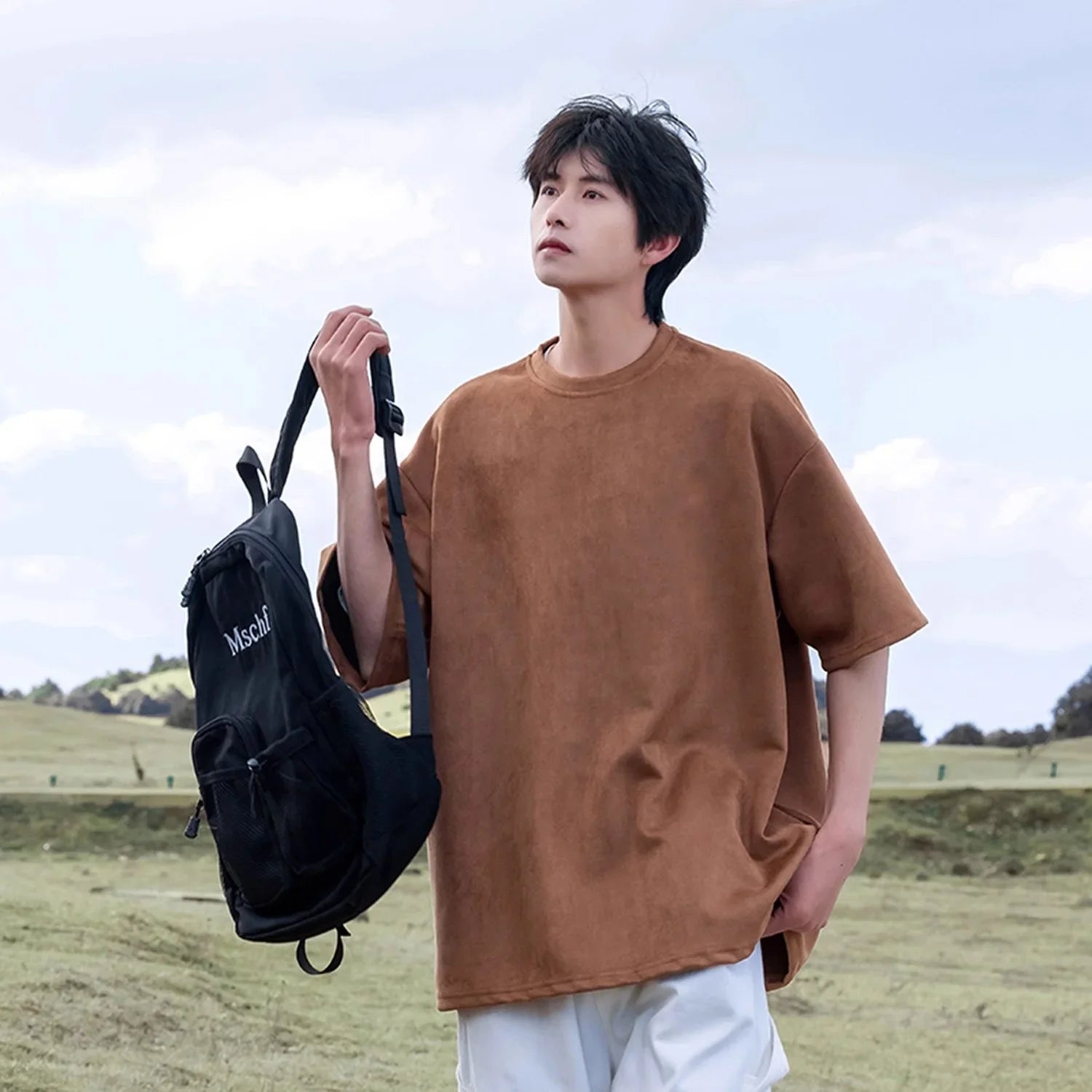 Suede Heavy Short Sleeve Men's Summer New Arrival American Style Retro Large Size Men's T-Shirt Suede Loose T-Shirt