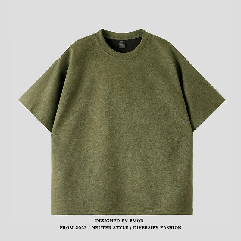 Suede Heavy Short Sleeve Men's Summer New Arrival American Style Retro Large Size Men's T-Shirt Suede Loose T-Shirt
