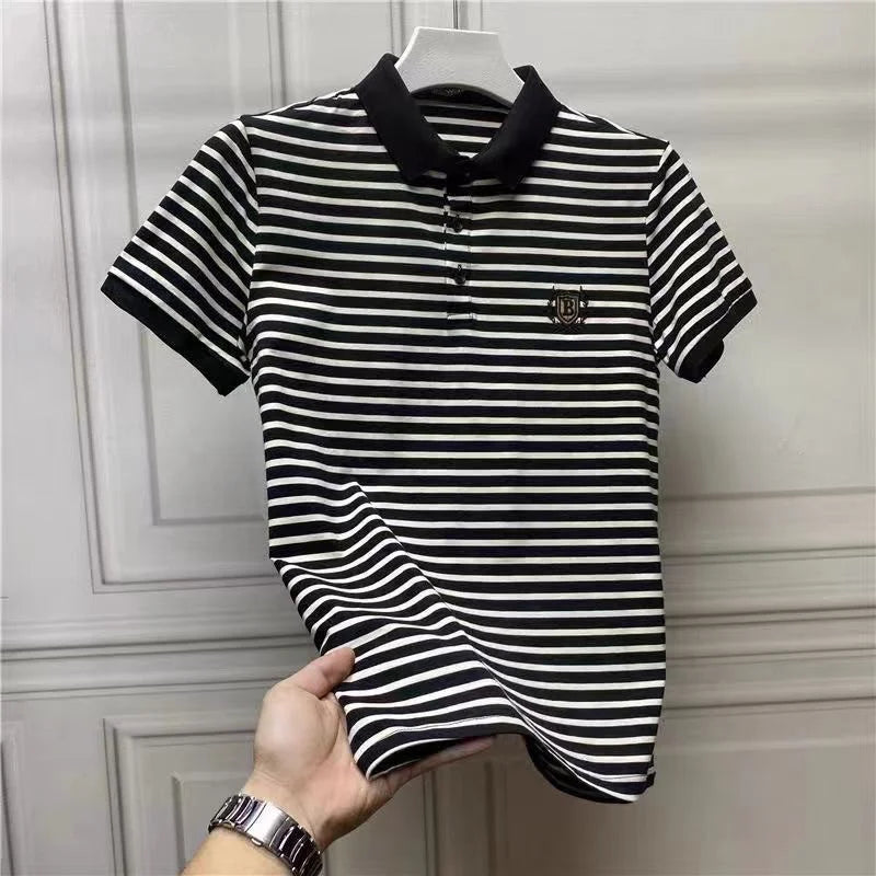 Summer Men's Striped Embroidered Polo Shirt European American Trendy Lapel Short Sleeve Top Plus Size T-shirt