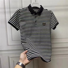 Summer Men's Striped Embroidered Polo Shirt European American Trendy Lapel Short Sleeve Top Plus Size T-shirt