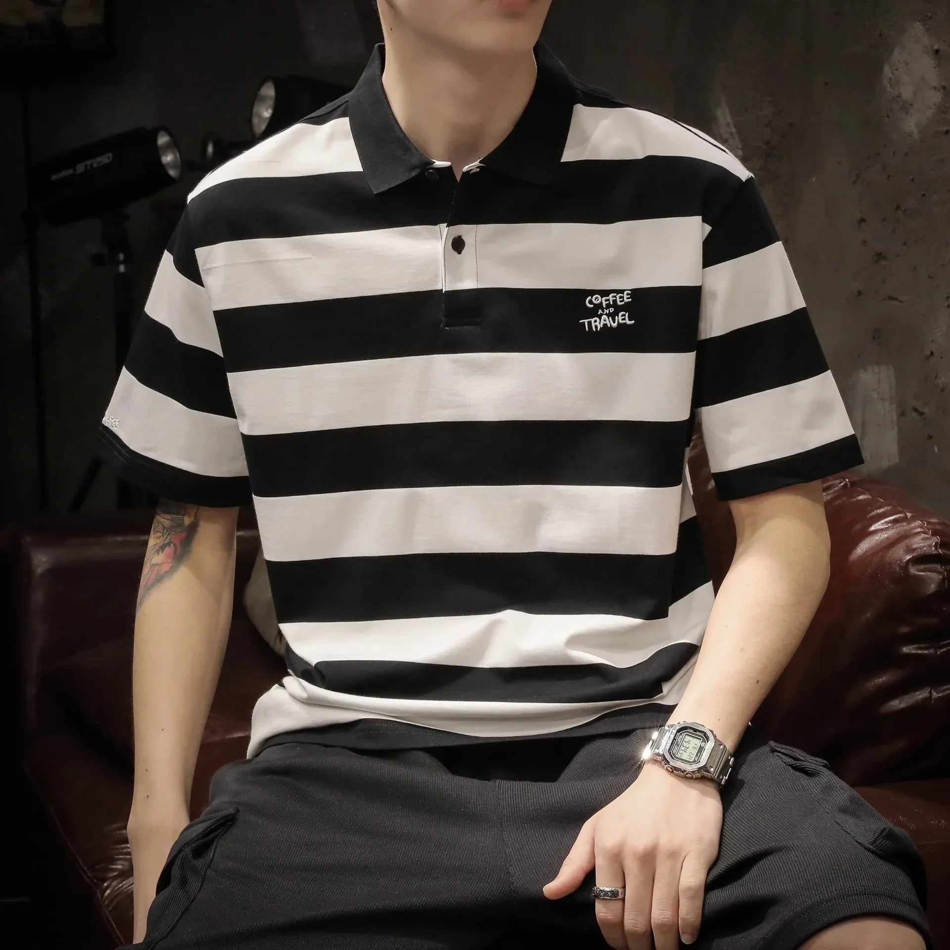 New American-style Black & White Striped Polo Shirt - Men's Relaxed Fit Short Sleeve Lapel Summer Top