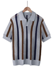 Men's Summer Short-Sleeve Minimalist Designer Geometric Color-Block Striped Crew Neck Knit Top