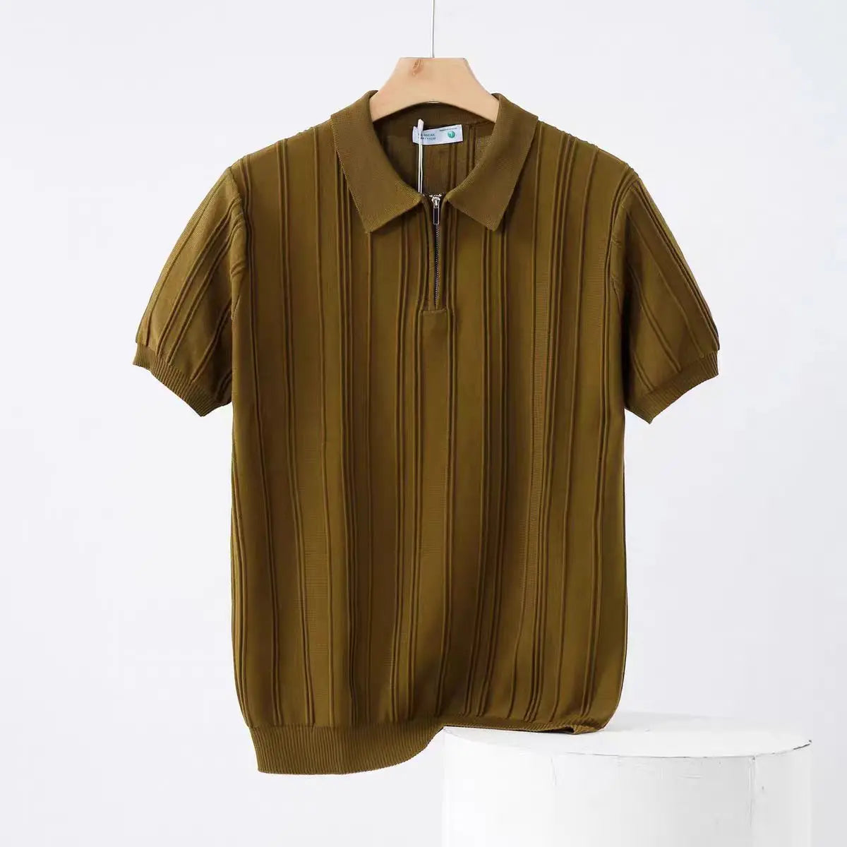 Vertical Knitted Short-sleeved Half-zip Polo Shirt for Men, High-end Summer Korean Version Slim and Simple Breathable Polo Shirt