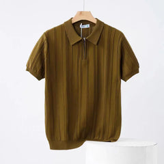 Vertical Knitted Short-sleeved Half-zip Polo Shirt for Men, High-end Summer Korean Version Slim and Simple Breathable Polo Shirt