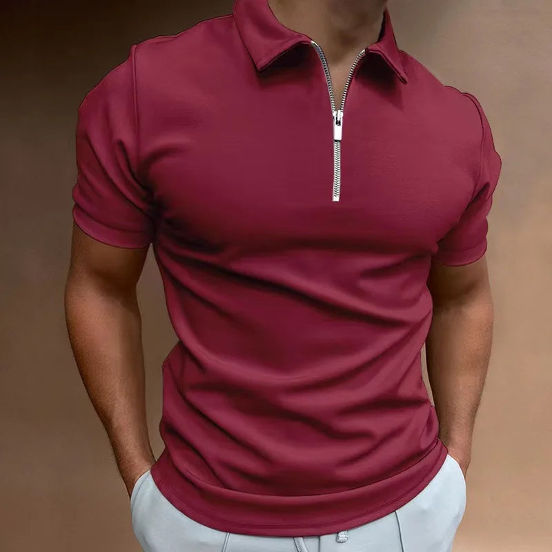 Men's Fashion Solid Color Short Sleeve Zipper Slim Fit Casual T-shirt