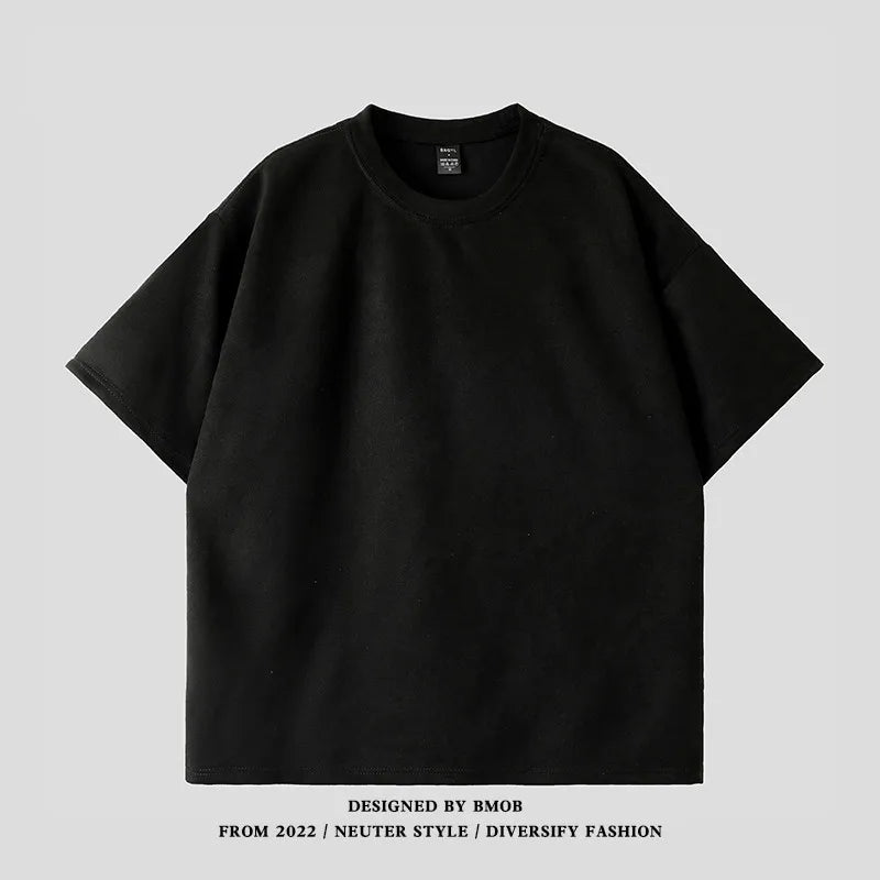 Suede Heavy Short Sleeve Men's Summer New Arrival American Style Retro Large Size Men's T-Shirt Suede Loose T-Shirt