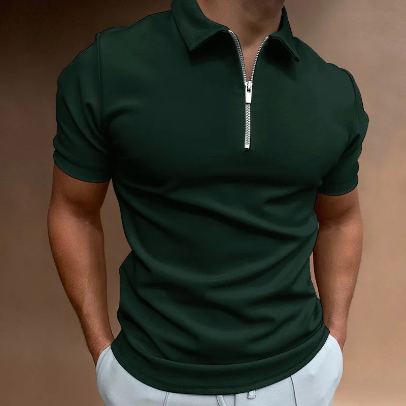 Men's Fashion Solid Color Short Sleeve Zipper Slim Fit Casual T-shirt